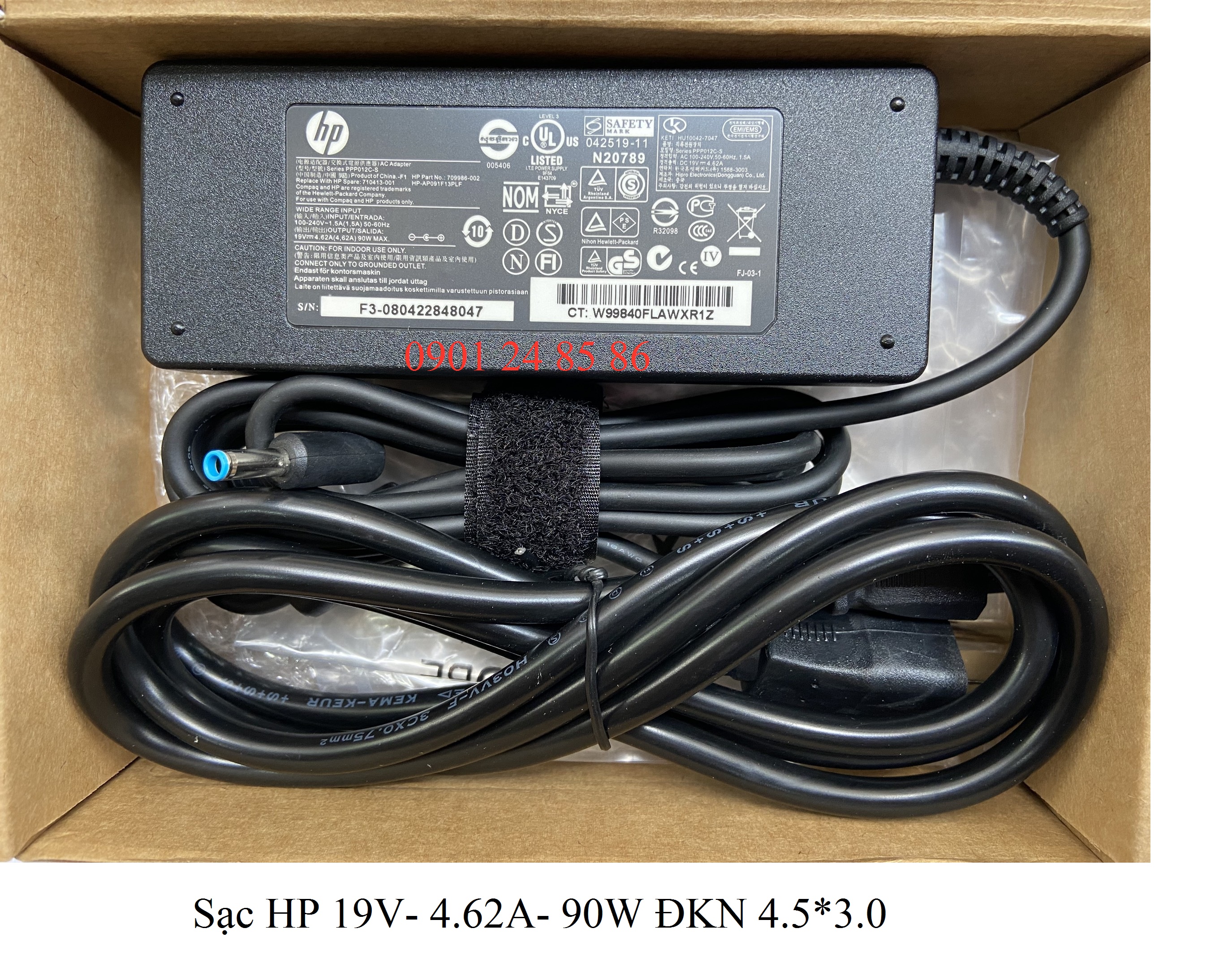 Sạc Laptop HP, Sạc HP, Adapter Laptop HP Original, HP 19.5V- 4.62A- 90W-4.5MM*3.0MM (Đầu kim nhỏ)